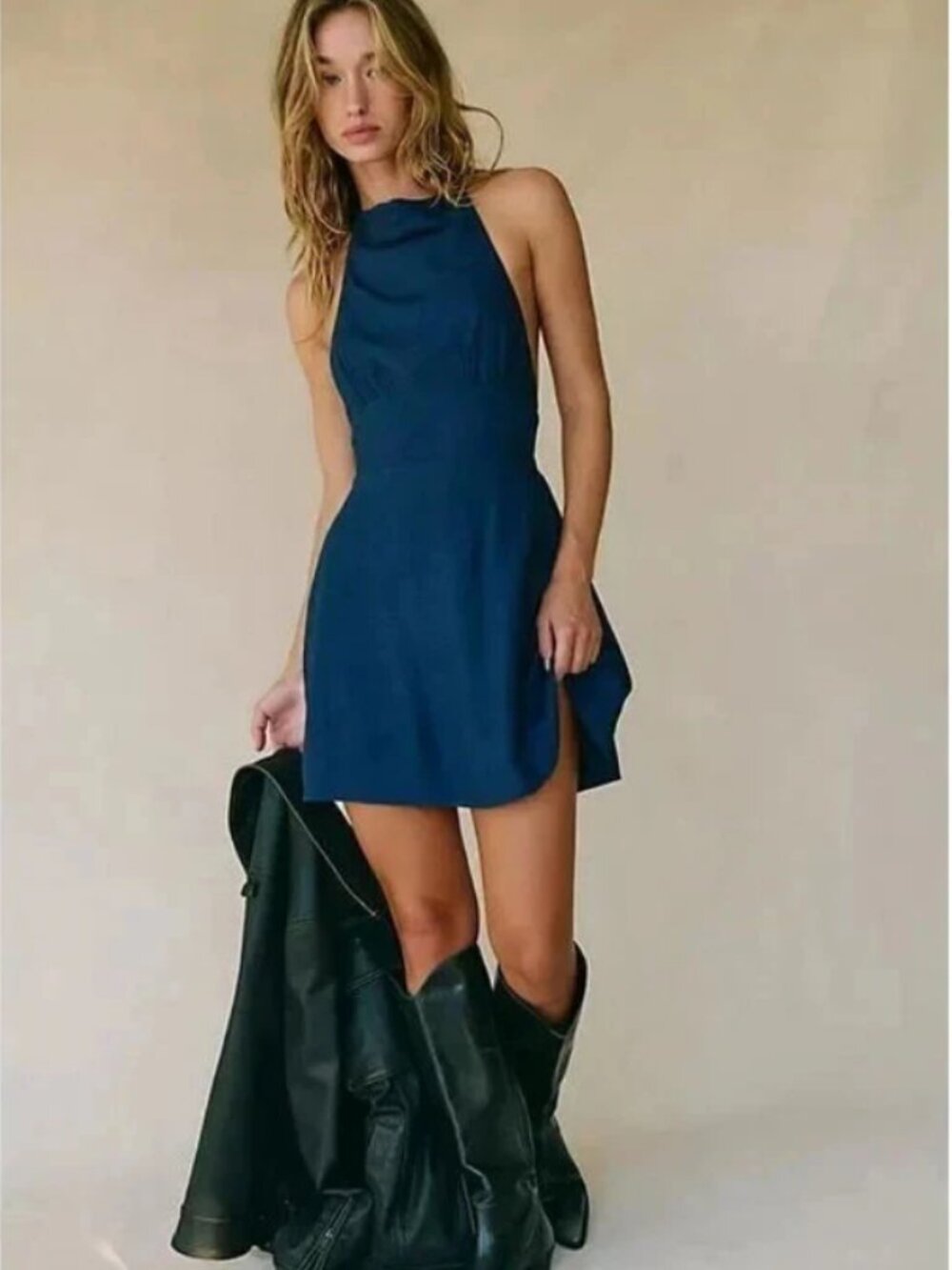 Free People Callie Chic Mini Dress Sleeveless Halter Tie Back S